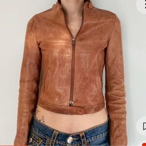 vintage tight cropped brown leather jacket